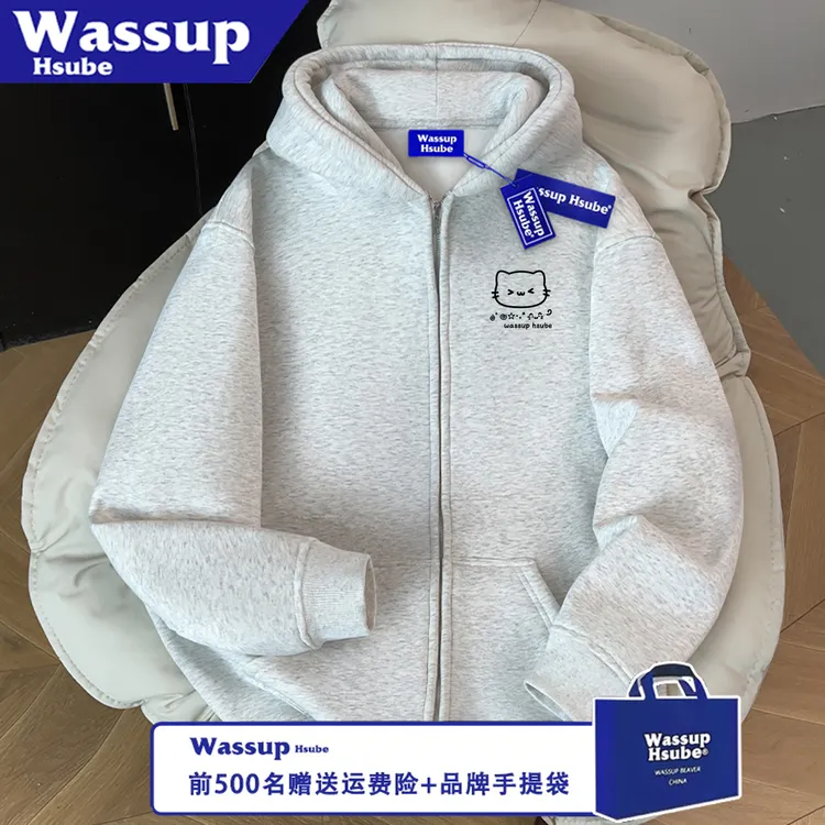 WASSUP HSUBE潮流宽松情侣简约简笔拉链印花长袖秋冬猫咪连帽上衣