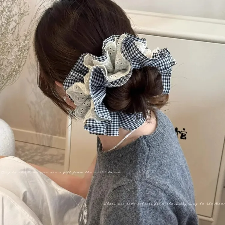 格子蕾丝大肠发圈四层花苞大号裙边头绳美拉德色系丸子头发绳头饰