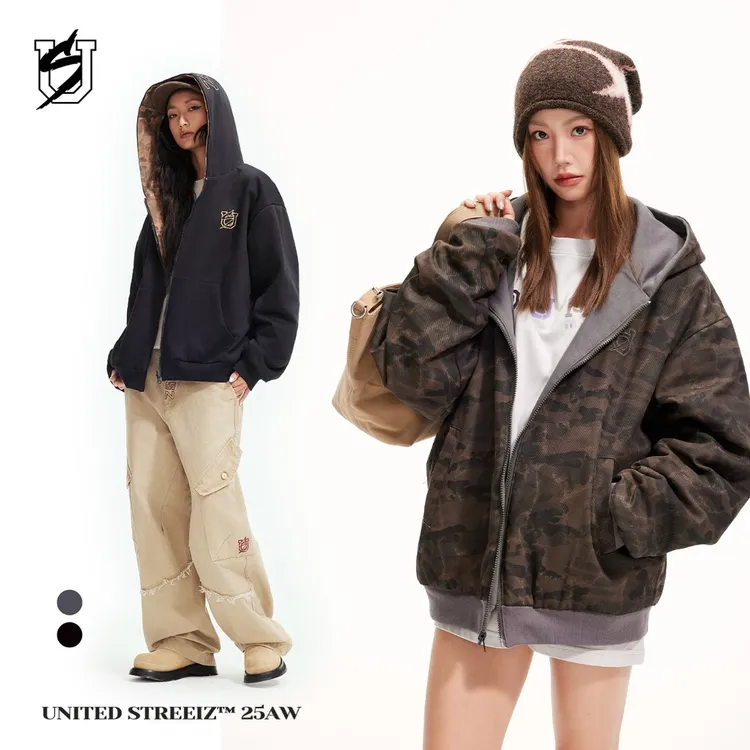 US联邦街牌双面穿夹克做旧洗退复古迷彩街舞嘻哈加绒保暖连帽外套