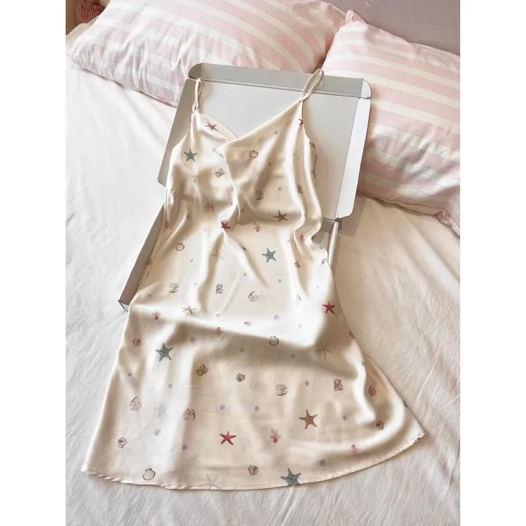 海星贝壳印花法式纯欲冰丝吊带睡裙女夏季新款高级感缎面家居长裙