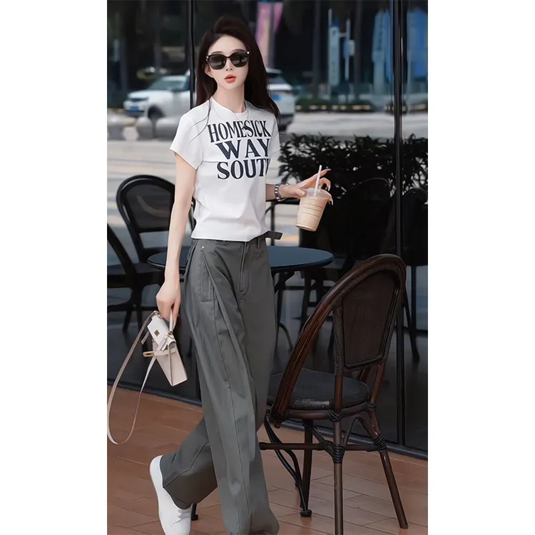 韩系显瘦减龄穿搭2025夏季短款印花短袖t恤直筒休闲裤子两件套装