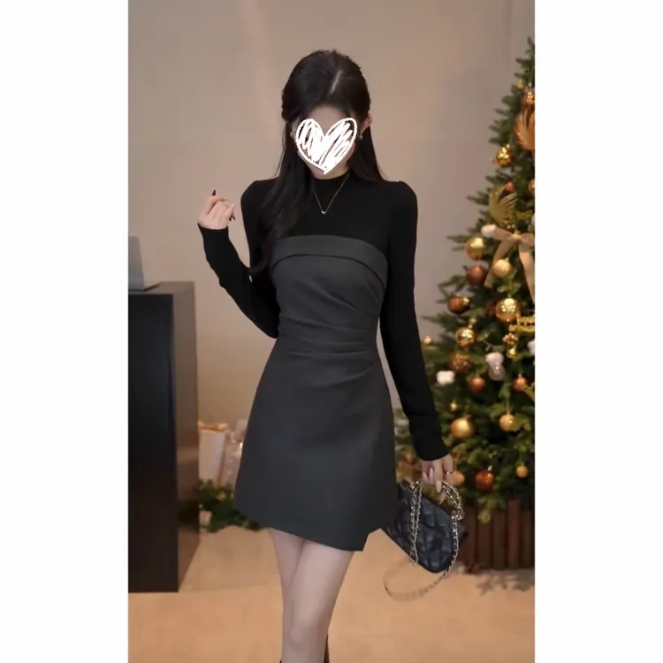 【运补6-8】韩系不规则拼接收腰假两件内搭长袖上衣气质显瘦连衣裙