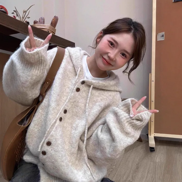 连帽毛衣开衫女秋冬季厚韩系穿搭宽松慵懒风软糯针织衫外套上衣