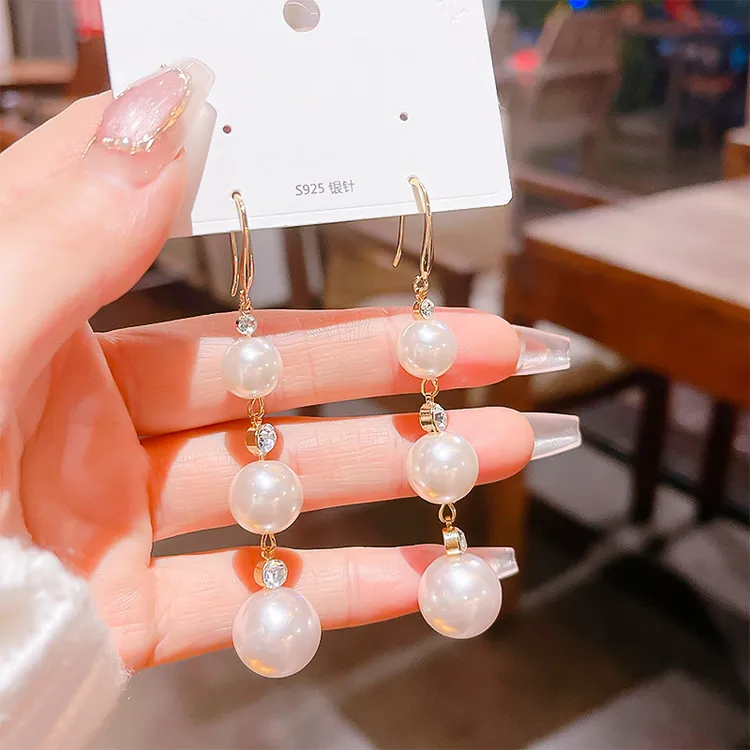 铜合金仿珍珠耳饰 时尚白色仿珍珠长款气质耳环2025年火爆款超仙
