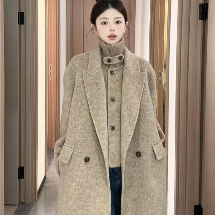 2025秋冬新款韩版立领双面羊毛呢大衣高级感长款减龄风格女士大衣