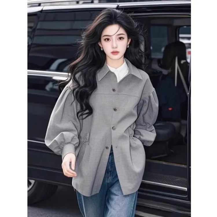 灰色高级感衬衫上衣2025春秋新款早春小衫法式独特超好看衬衣女装