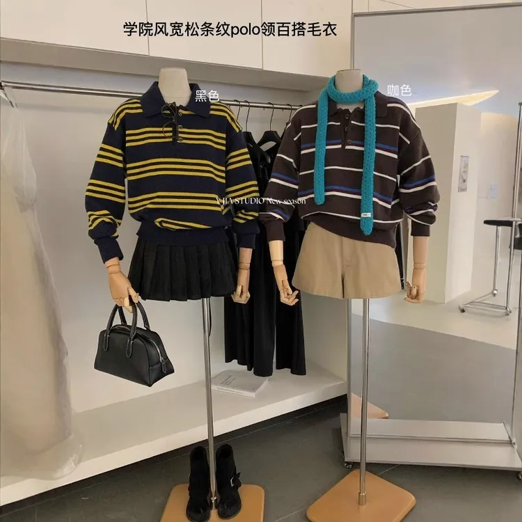 秋季新款韩系长袖显瘦针织衫学院风宽松条纹polo领百搭保暖毛衣女