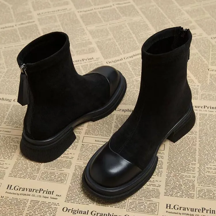 韩版复古风马丁靴显腿长后拉链瘦瘦靴加绒棉靴棕色厚底小短靴子