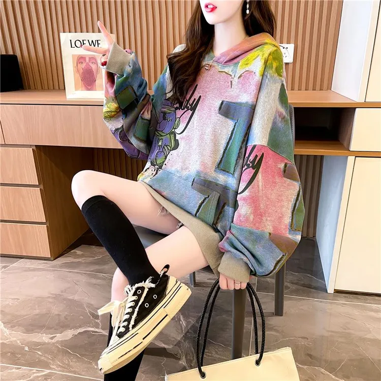 早秋设计感小众扎染印花连帽卫衣女韩版宽松大码小个子薄款上衣潮