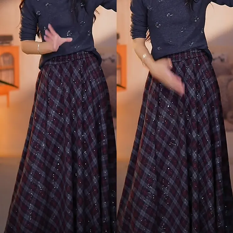 红色复古磨毛格纹高腰显瘦中长款A字半身裙秋冬洋气减龄百搭格子