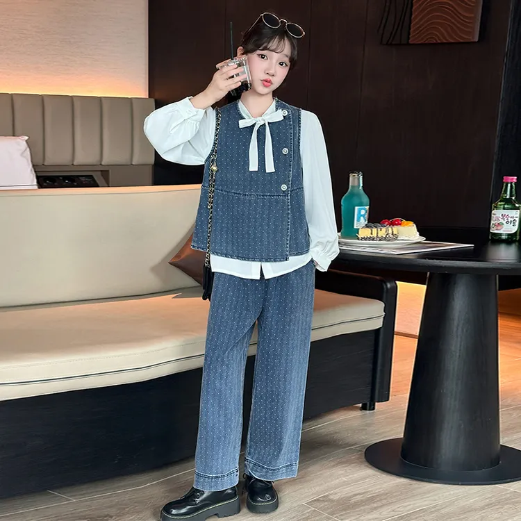 女童秋装三件套2025新款春秋季女孩牛仔马甲阔腿裤套装超好看衣服