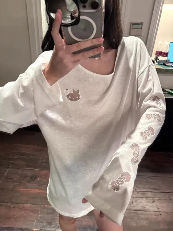 HelloKitty镂空卡通韩系罩衫长袖女夏季白色宽松薄纱微透防晒上衣