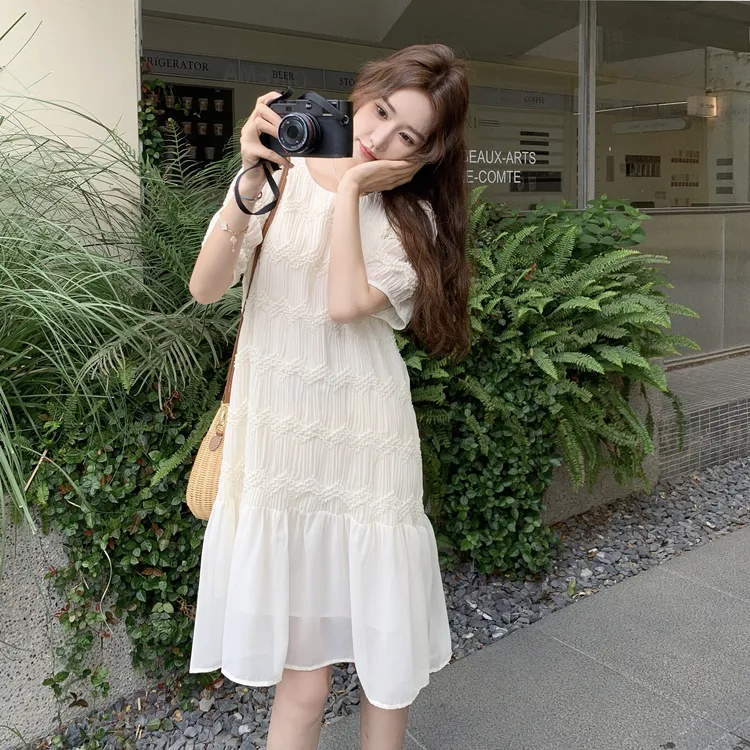 法式拼接白色连衣裙女2025夏季新款小个子爆款超好看甜美显瘦裙子