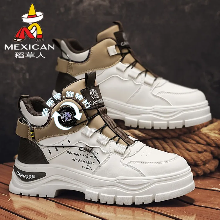 稻草人鞋子男款秋冬新款旋转纽扣工装鞋内增高运动休闲户外马丁靴