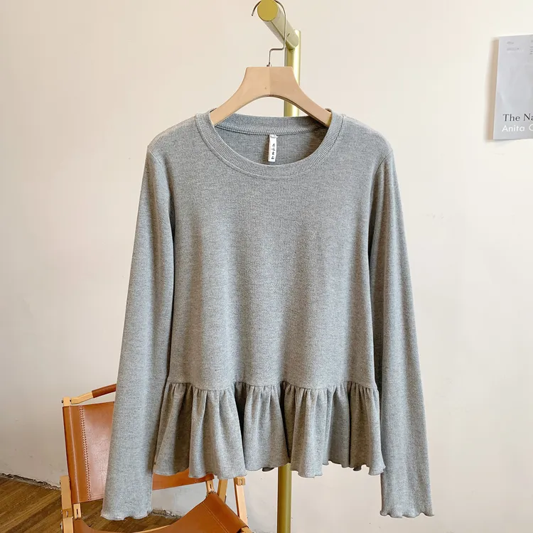 乌龙茶C5164磨毛荷叶边圆领长袖T恤