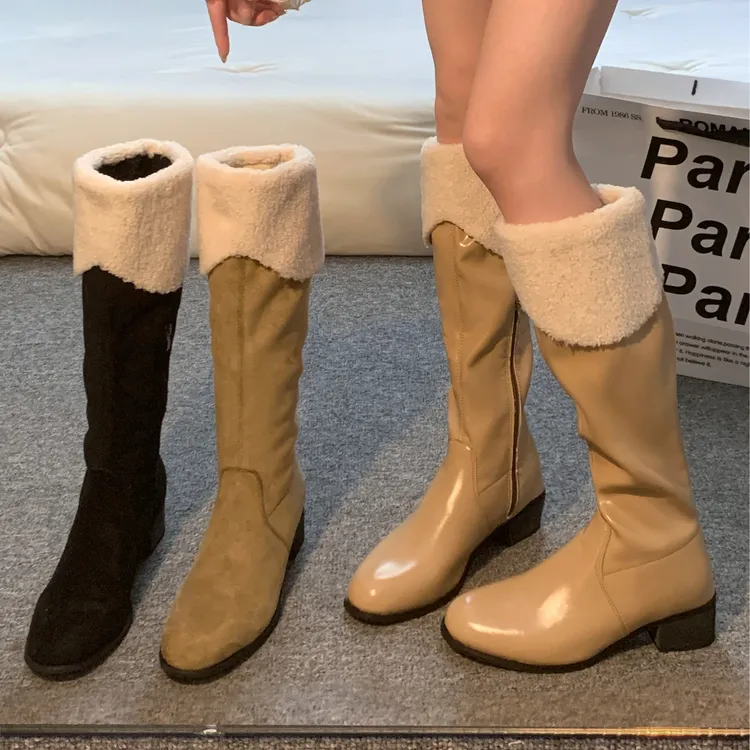 贾不假冬季女士加绒长筒靴2025新款爆款显瘦保暖复古棉靴防水防滑