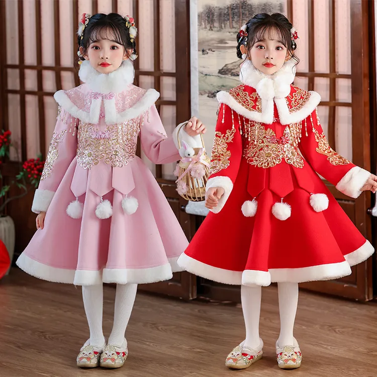 女童拜年服冬季保暖毛呢加绒复古国风唐装小女孩洋气节庆表演裙子