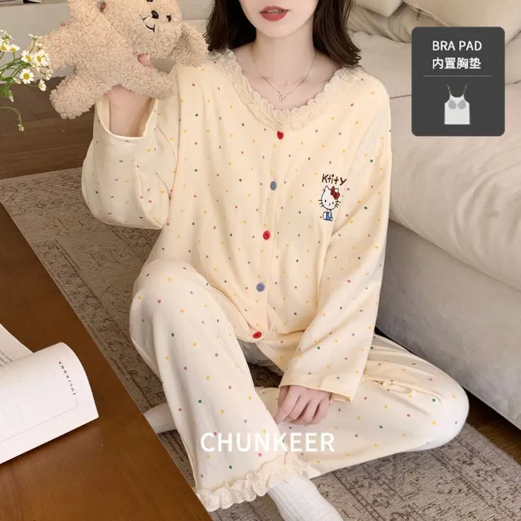 长袖带胸垫睡衣女秋季新款韩版甜美蕾丝花边开衫加大码家居服套