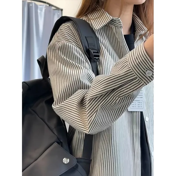 条纹衬衫男士春秋季美式复古叠穿宽松长袖衬衣外搭翻领开衫外套男