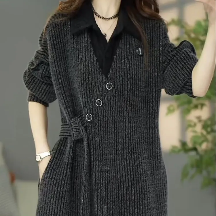高级贵妃绒假两件拼接优雅礼服裙子2025秋季新款显瘦中长款连衣裙