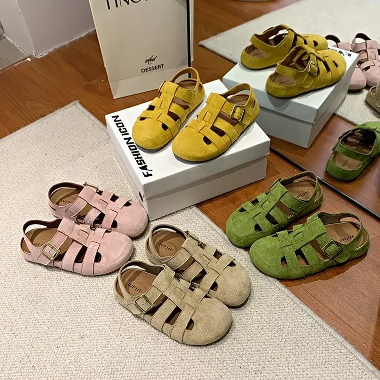 复古森系包头凉鞋女2025夏季新款两穿镂空半拖鞋编织软平底猪笼鞋