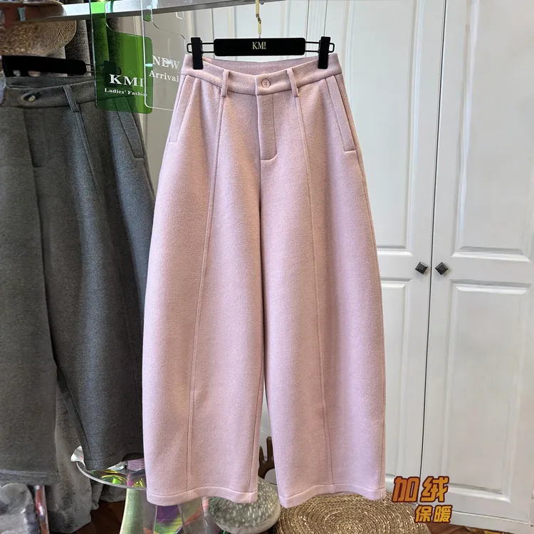 韩系极简风加绒加厚纯色毛呢休闲裤女弯刀裤通勤百搭保暖2025冬装