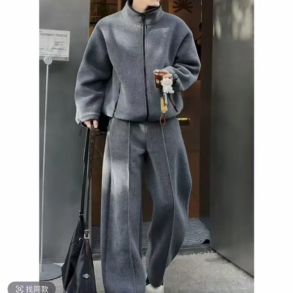 秋冬新品重磅双面摇粒绒休闲套装男慵懒风保暖舒适百搭外套长裤