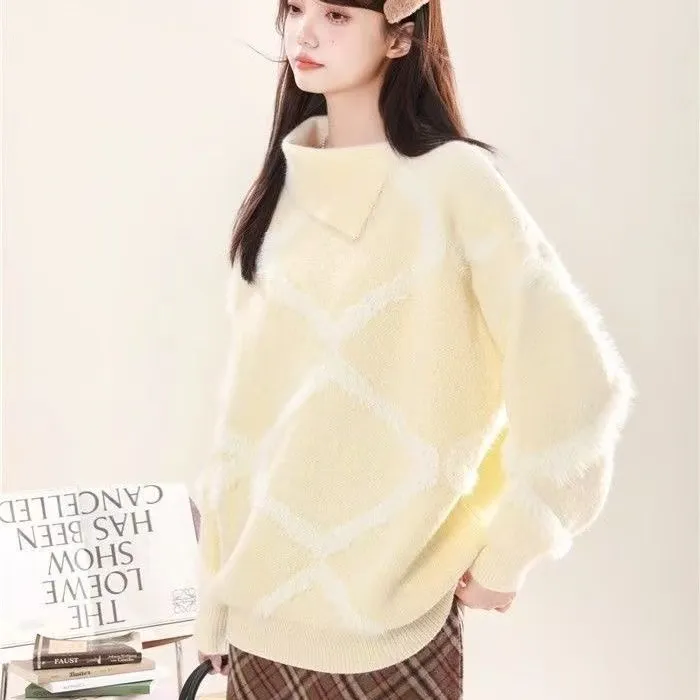 菱格毛衣女2025秋冬新款奶fufu温柔软糯加绒加厚针织衫上衣