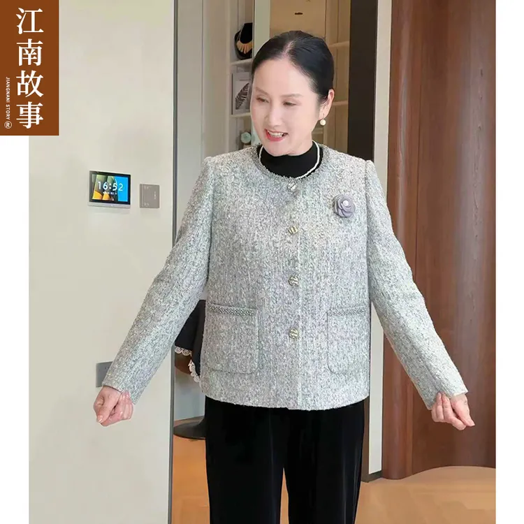 江南故事2025秋季新款妈妈装中老年女短外套女装小个子气质上衣