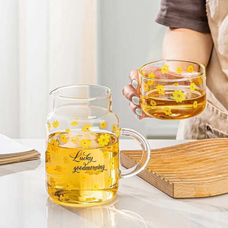 【一壶一杯】一人饮耐热大容量带把手印花玻璃杯高硼硅煮茶泡茶壶