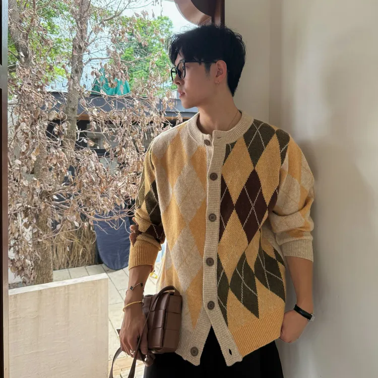 F.S 25A/W【菱格纹毛衣】撞色高级感圆领男开衫毛衣百搭老钱贵气
