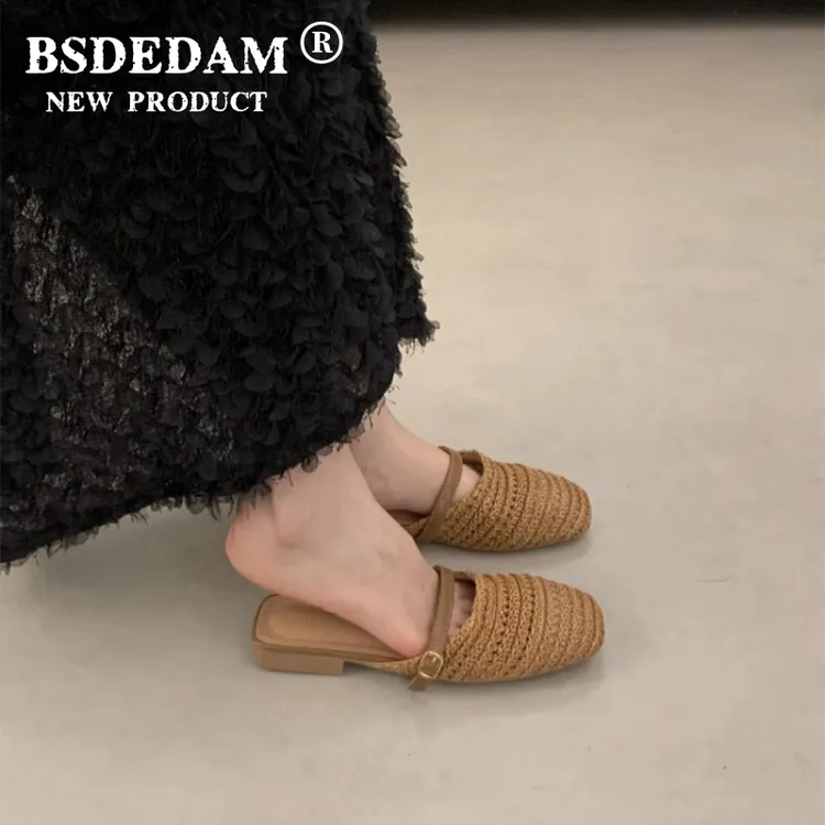 绝美编织包头半拖鞋女外穿夏2025新款配裙子一脚蹬单鞋勃肯凉拖鞋