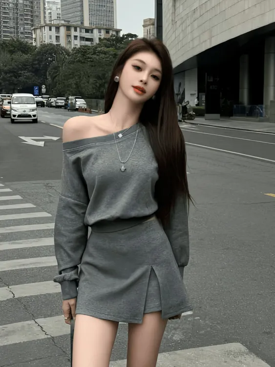 慵懒风露肩显瘦纯欲风休闲风法式时尚套装小个子短裙小众高腰