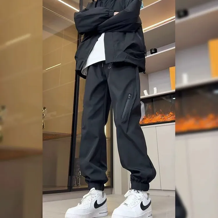 美式冲锋裤男春秋季休闲防水工装裤痞帅加肥加大宽松束脚休闲长裤
