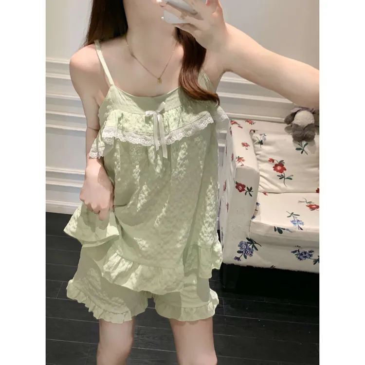 2025新款韩版纯色带胸垫吊带睡裙短裤女款夏季小清新女夏天家居服