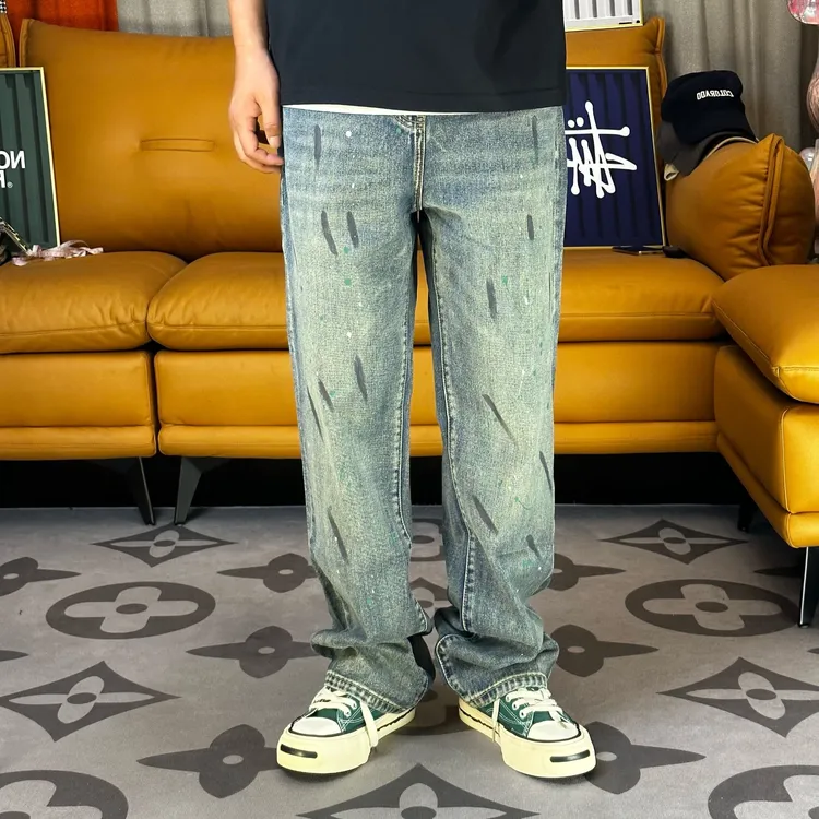 2025秋冬新款美式潮牌休闲泼漆泼墨印花宽松直筒痞帅炸街牛仔裤男