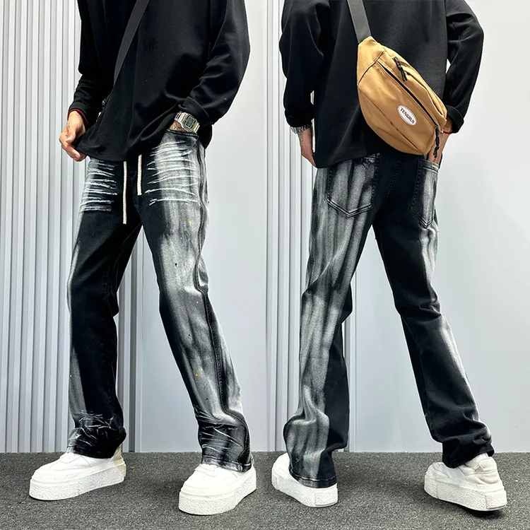美式高街扎染牛仔裤男款春秋设计感cleanfit微喇裤子潮牌直筒长裤