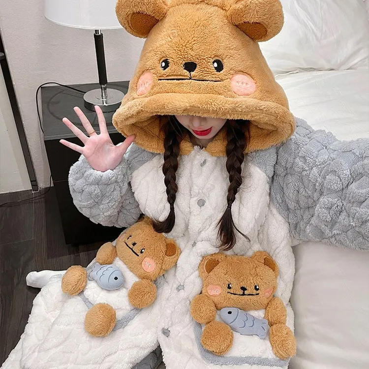 珊瑚绒睡袍女款冬季加绒加厚三层夹棉袄睡衣长款冬天浴袍家居服