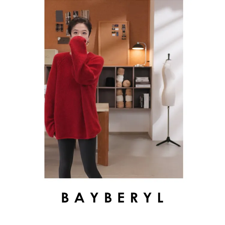 停售-BAYBERYL老贝红昭*卷边插肩圆领羊绒宽松秋针织衫9ZZS5K0922