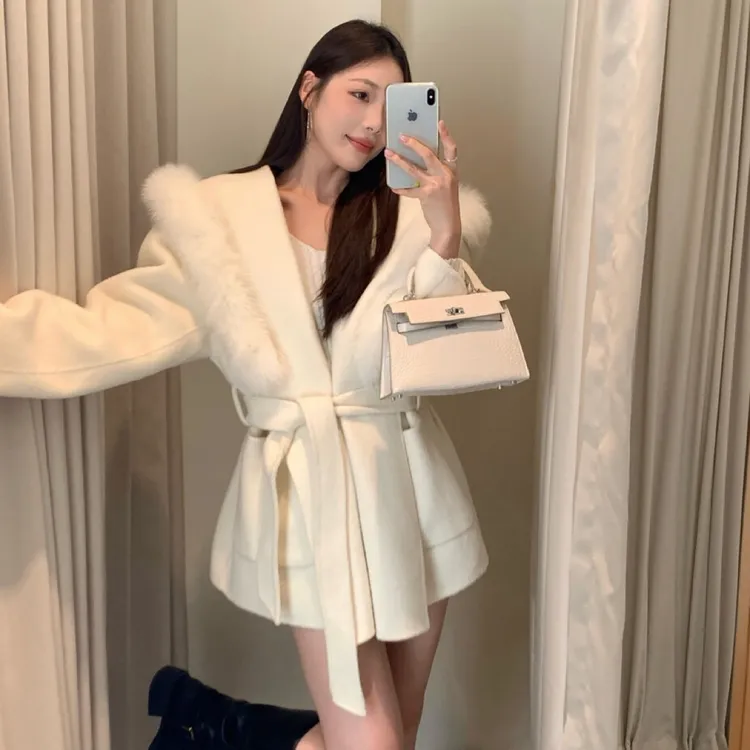 【YOOMINI】10985真狐狸毛领羊毛手工双面呢经典优雅大衣(配腰带）