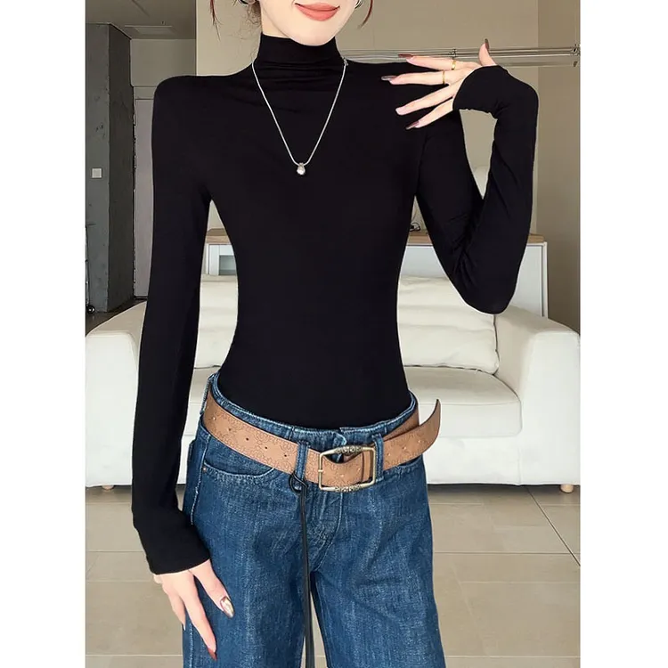 黑色螺纹堆堆领正肩收腰秋冬高级感修身显瘦长袖磨毛气质黑色打底