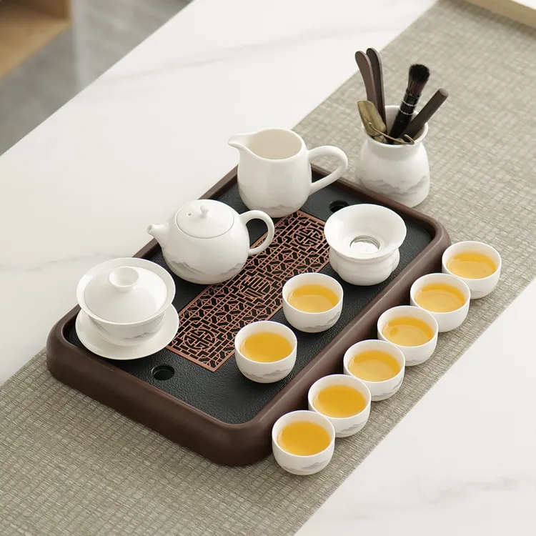 羊脂玉白瓷功夫茶具套装家用陶瓷茶壶盖碗茶盘轻奢高档喝茶杯中式