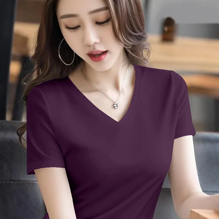 莫代尔短袖t恤女士夏季新款V领气质显瘦宽松体恤纯色休闲百搭上衣