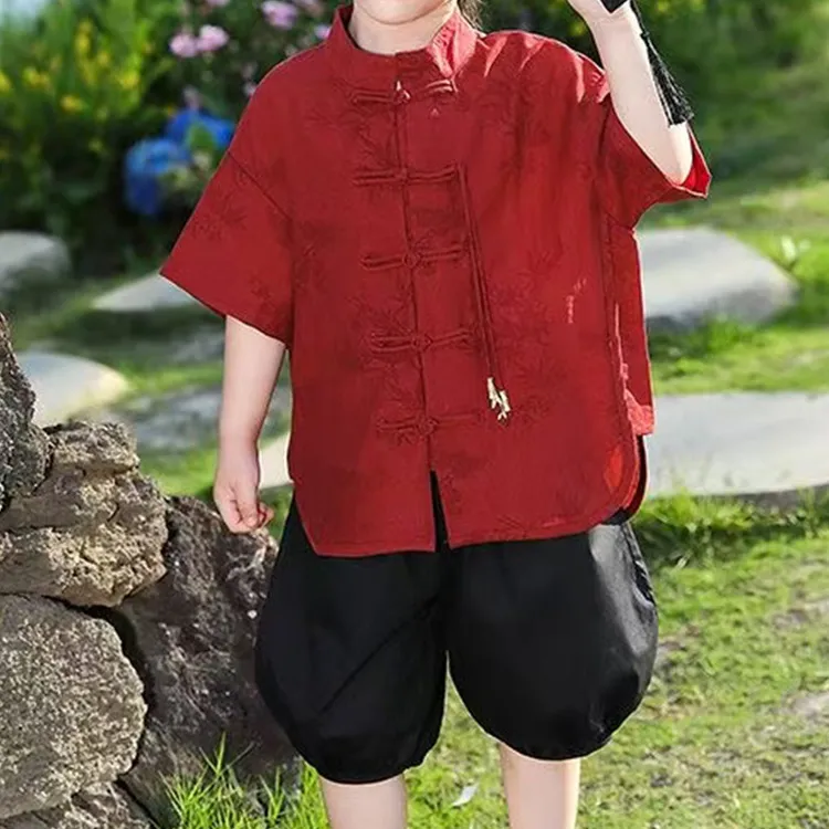 男童新中式汉服唐装中大童民国风刺绣复古网红碎花衬衫套装圆领