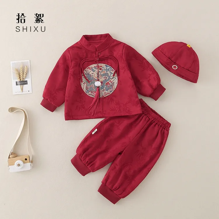 婴儿衣服春装中国风汉服周岁礼服套装宝宝可爱哈衣外出爬服分体装