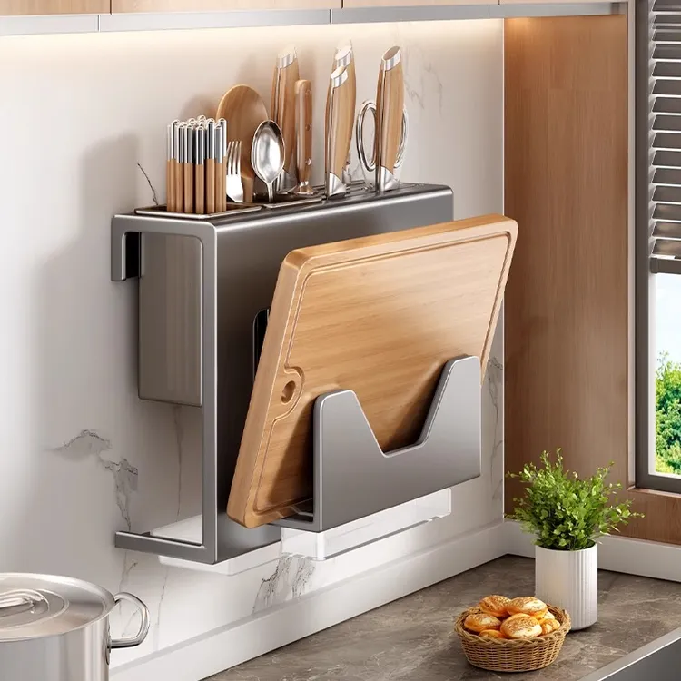 厨房刀架刀具收纳架一体多功能筷子筒免打孔壁挂式刀具置物架砧板