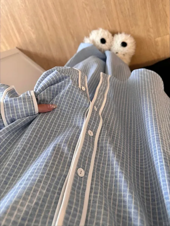 慵懒风露肩可外穿睡衣女秋季柔软棉家居服女条纹阔腿裤家居服套装