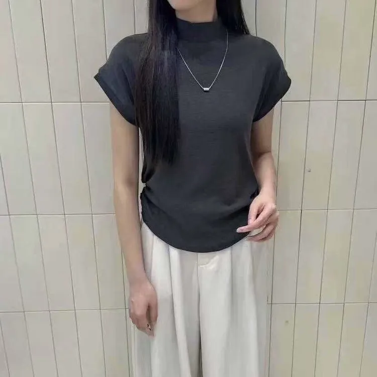 早秋新款飞飞袖收腰显瘦立领短袖透气高密高弹通勤风T恤秋季新款