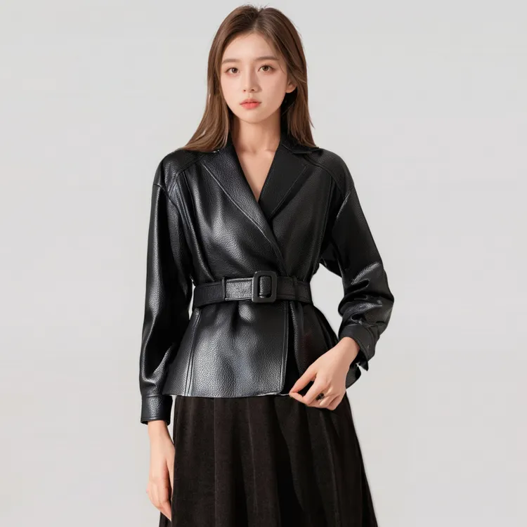 海宁真皮皮衣女系带2025春秋新品皮夹克宽松显瘦气质百搭小外套潮