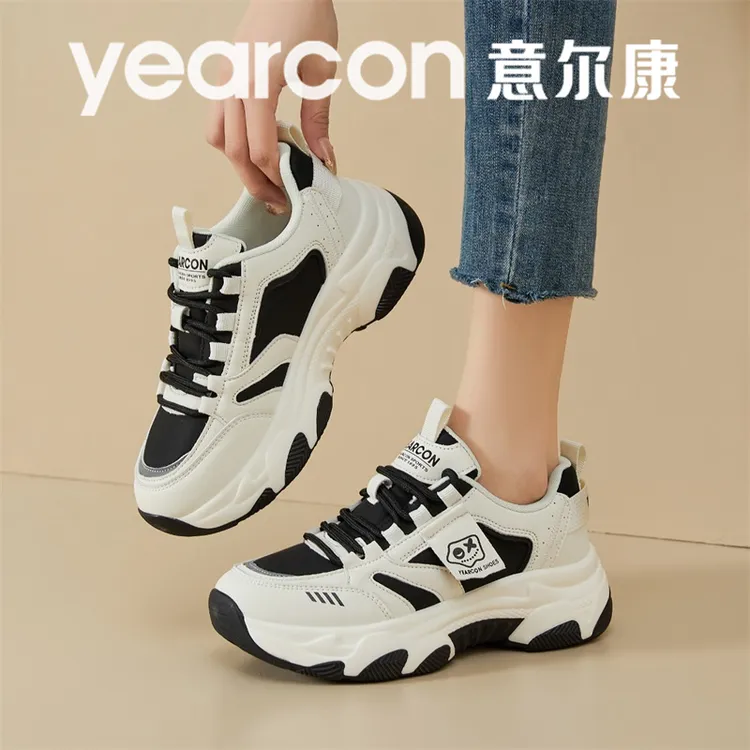 意尔康正品运动女鞋秋冬款2025新款女士透气小白鞋厚底增高老爹鞋